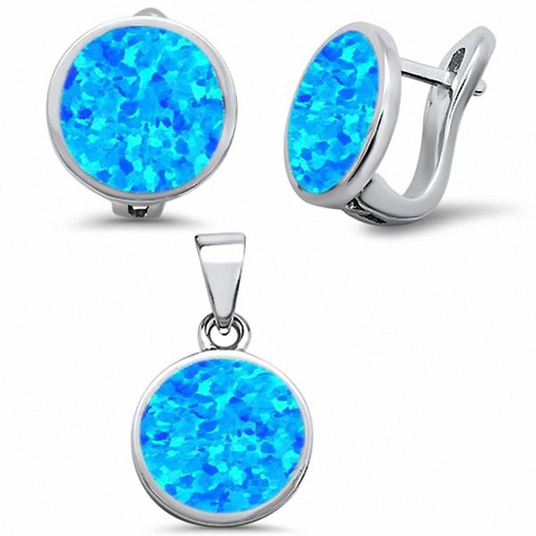 Jewelry Set Button Half Ball Moon Earring Pendant Lab Created Opal 925 Sterling Silver