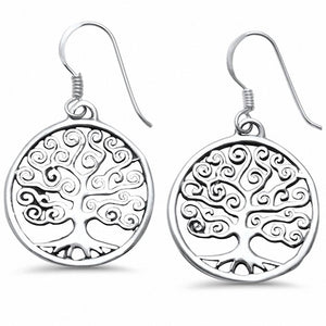 Round Dangling Tree of Life Earrings 925 Sterling Silver Fish Hook