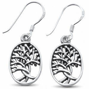 Fishhook Dangling Oval Tree of Life Earrings 925 Sterling Silver
