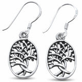 Fishhook Dangling Oval Tree of Life Earrings 925 Sterling Silver