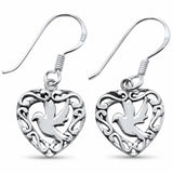 Fishhook Dangling Heart Dove Bird Earrings Solid 925 Sterling Silver Choose Color