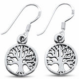 Fishhook Dangling Tree of Life Earrings Solid 925 Sterling Silver