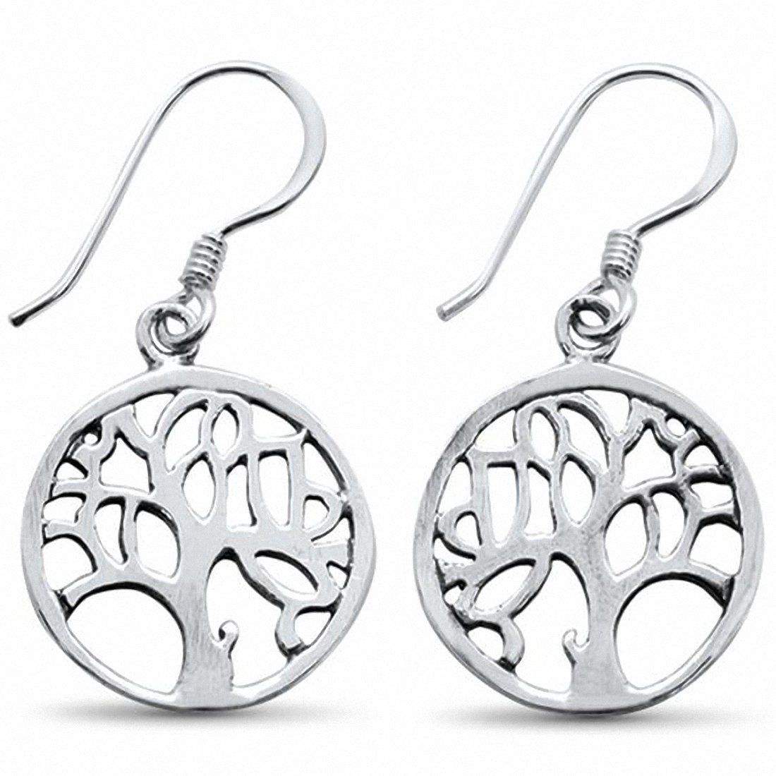 Round Fishhook Tree of Life Earrings Solid 925 Sterling Silver Choose Color