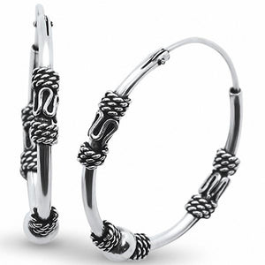 Bali Hoop Earrings Oxidized Design Solid 925 Sterling Silver