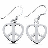 Fishhook Dangling Heart Peace Earrings Solid 925 Sterling Silver