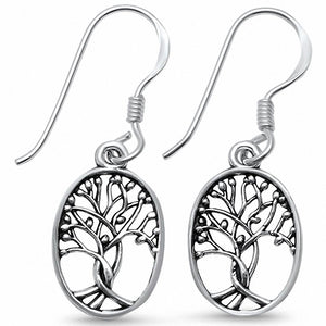 Oval Tree of Life Fish Hook Earrings Danglign 925 Sterling Silver Choose Color