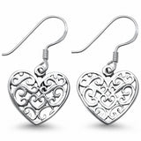 Heart Filigree Drop Dangle Earrings 925 Sterling Silver Fish Hook