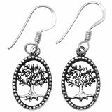 Plain Oval Dangling Tree of Life Earrings 925 Sterling Silver Fish Hook