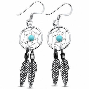Dream catcher Earrings Round Simulated Turquoise Feather 925 Sterling Silver
