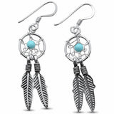 Dream catcher Earrings Dangling Round Simulated Turquoise Feather 925 Sterling Silver