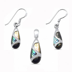 Pear Shape Teardrop Dangling Earrings Pendant Jewelry Set Simulated Abalone 925 Sterling Silver