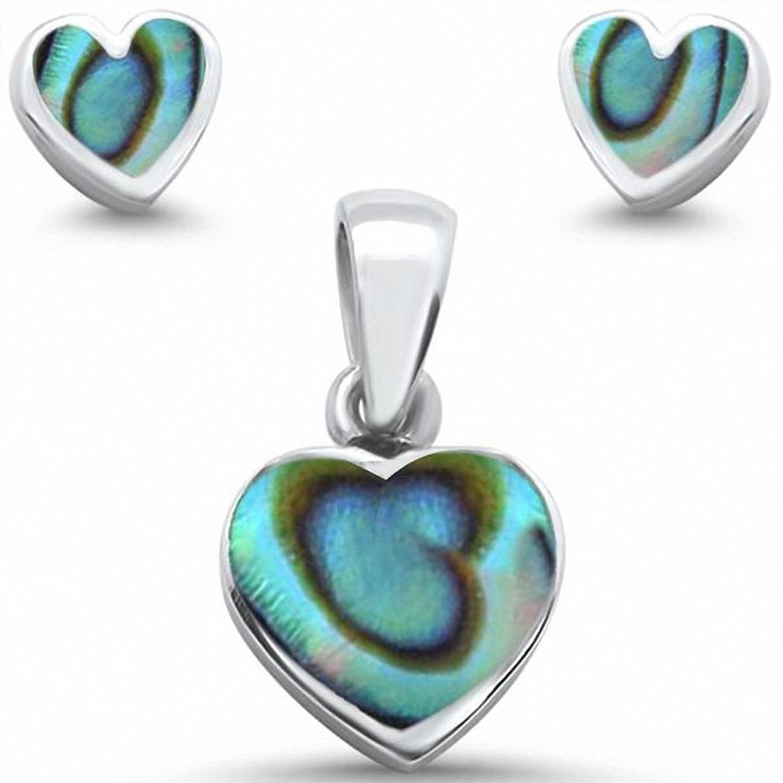Heart Jewelry Set Simulated Abalone 925 Sterling Silver