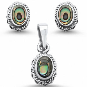 Oval Antique Style Jewelry Set Simulated Abalone 925 Sterling Silver