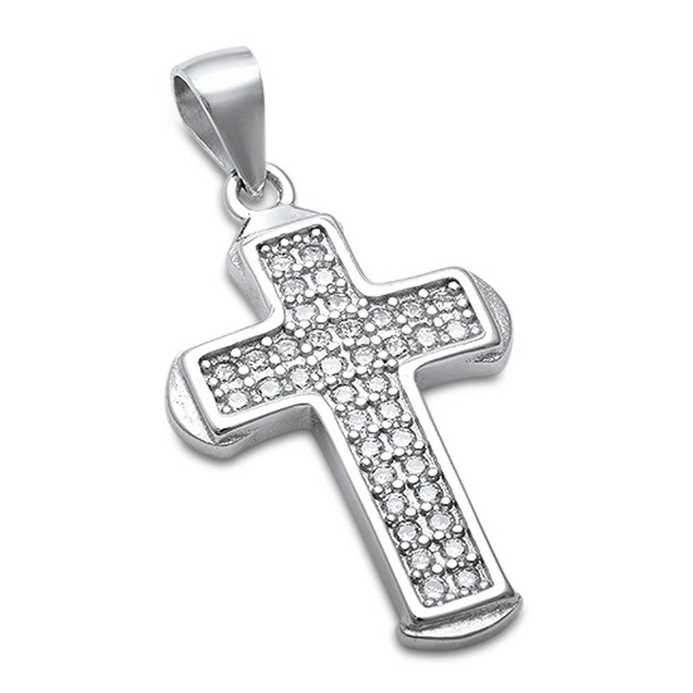 Cross Pendant Round Pave CZ 925 Sterling Silver Cross Choose Color - Blue Apple Jewelry