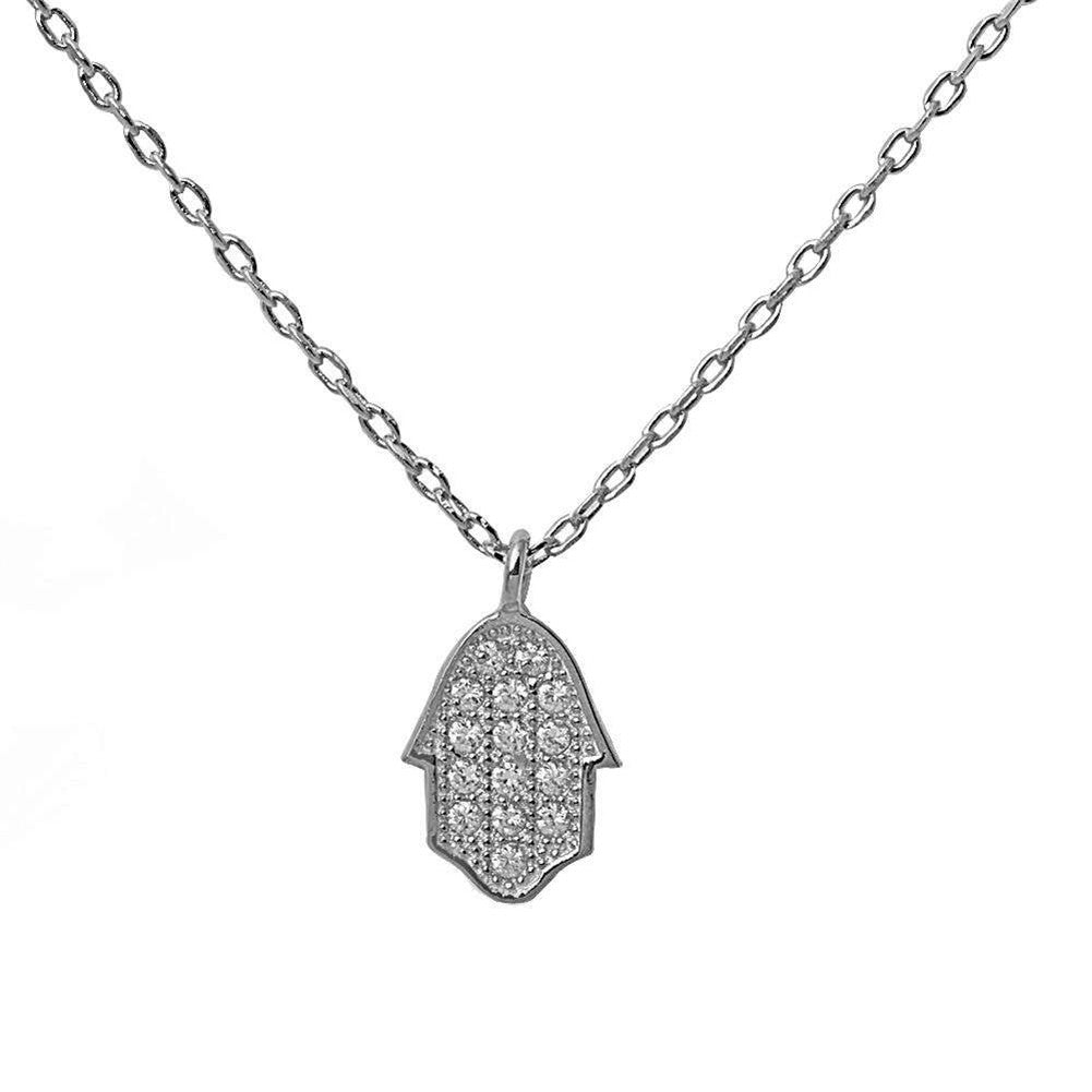 Hamsa Hamesh Hand of God 18" Necklace Pendant Round Pave Cubic Zirconia 925 Sterling Silver Choose Color - Blue Apple Jewelry