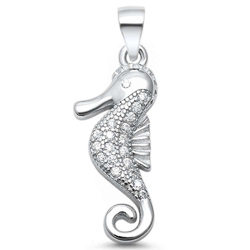 Seahorse Pendant Round Pave Cubic Zirconia 925 Sterling Silver Sear Horse Charm Choose Color - Blue Apple Jewelry