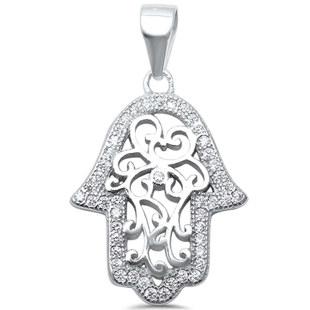 Hand of God Pendant Charm Filigree Hamesh Round Pave Cubic Zirconia 925 Sterling Silver Choose Color - Blue Apple Jewelry