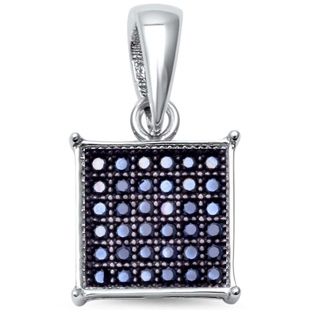 Square Pendant Round Pave Black Cubic Zirconia 925 Sterling Silver Hip Hop Choose Color - Blue Apple Jewelry