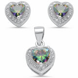 Jewelry Set Pendant Earring Halo Heart Simulated Rainbow Topaz Round CZ 925 Sterling Silver