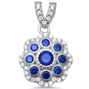Filigree Pendant Round Simulated Sapphire 925 Sterling Silver (12 mm)
