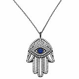 Hamsa Hand of God Evil Eye 18" Necklace Pendant Round Simulated Blue CZ Black Tone 925 Sterling Silver