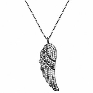Angel Wing Pendant Necklace Round Pave Simulated Cubic Zirconia Black Tone 925 Sterling Silver