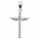 Angel Wing Cross Pendant Round Cubic Zirconia 925 Sterling Silver Choose Color