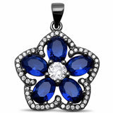 Black Tone Flower Pendant Oval Simulated Sapphire Round Cubic Zirconia 925 Sterling Silver