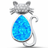 Cat Pendant Charm Round Cubic Zirconia Created Opal Solid 925 Sterling Silver