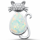 Cat Pendant Charm Round Cubic Zirconia Created Opal Solid 925 Sterling Silver