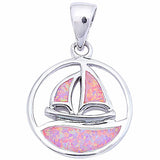Boat Pendant Lab Created Pink Opal 925 Sterling Silver Round Sailing Boat (21mm)