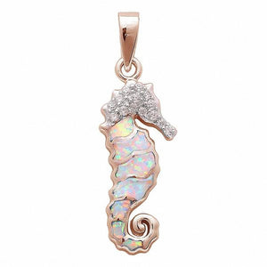 Sea Horse Pendant Lab Created Blue Opal Round Simulated Cubic Zirconia 925 Sterling Silver (28mm)