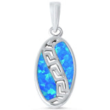 Oval Pendant Lab Created Fire Blue Opal 925 Sterling Silver Greek Key