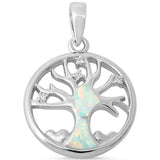 Tree of Life Pendant Lab Created White Opal 925 Sterling Silver