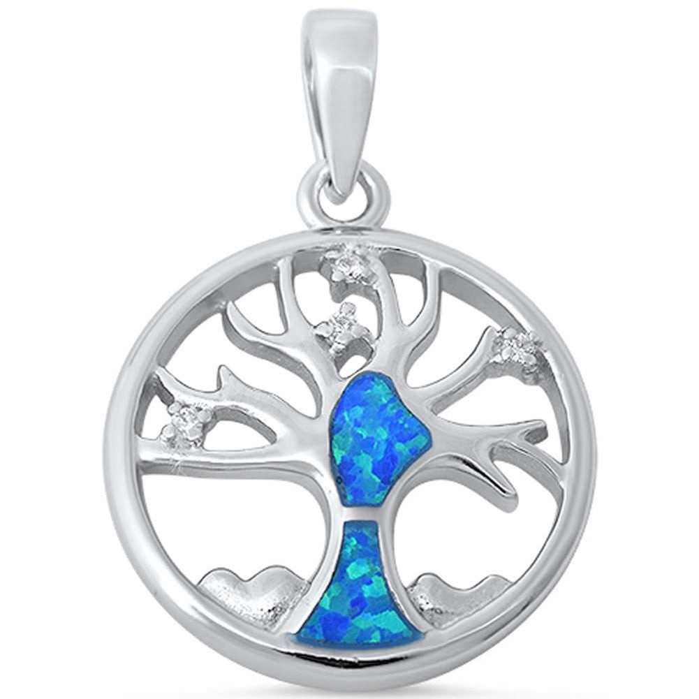 Tree of Life Pendant Lab Created Fire Blue Opal Round CZ 925 Sterling Silver Choose Color - Blue Apple Jewelry