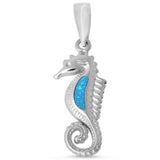 Searhorse Pendant Lab Created Fire Blue Opal 925 Sterling Silver