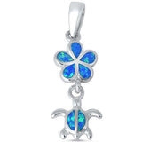 Turtle Dangling Plumeria Pendant Lab Created Fire Blue Opal 925 Sterling Silver