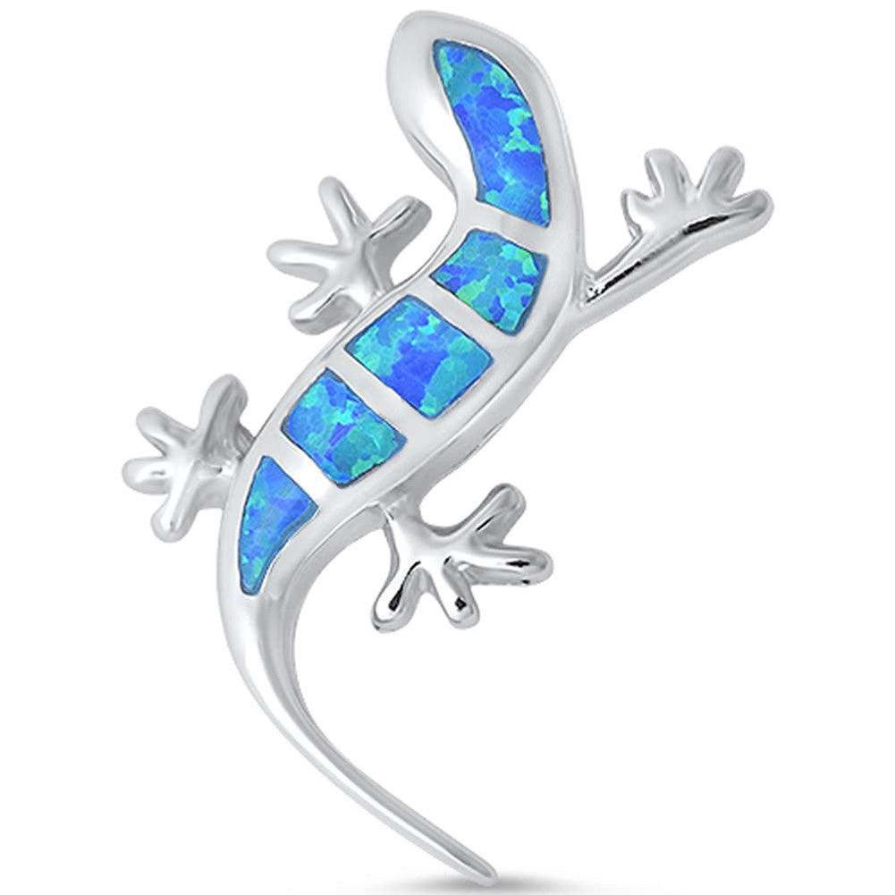 Lizard Pendant Lab Created Blue Opal 925 Sterling Silver