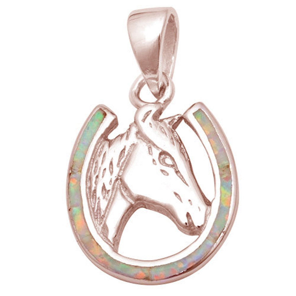 Horse Pendant Created Pink Opal Rose Gold Rodium Plated 925 Sterling Silver Choose Color - Blue Apple Jewelry