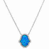 Hamsa Hand of God Necklace Pendant Round Lab Created Opal 925 Sterling Silver