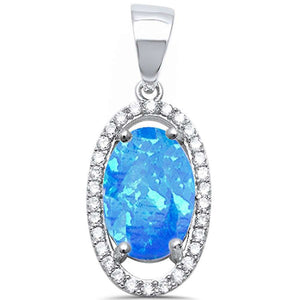 Halo Pendant Charm Oval Created Opal Round Cubic Zirconia 925 Sterling Silver Choose Color - Blue Apple Jewelry