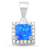 Halo Pendant Princess Cut Square Created Opal Round CZ 925 Sterling Silver Choose Color - Blue Apple Jewelry