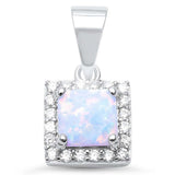 Halo Pendant Princess Cut Square Created Opal Round CZ 925 Sterling Silver Choose Color - Blue Apple Jewelry