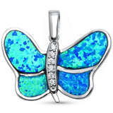 Butterfly Pendant Charm 925 Sterling Silver Created Opal Choose Color Round CZ - Blue Apple Jewelry