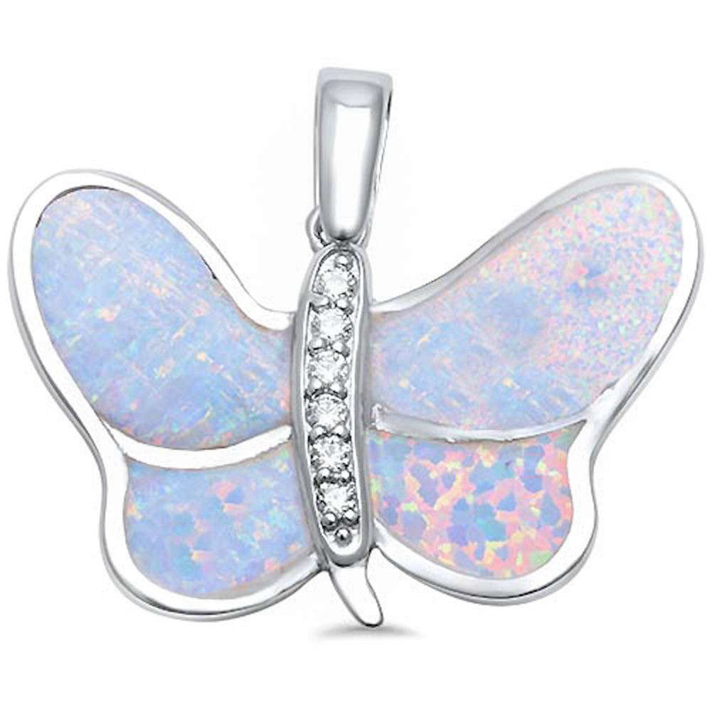 Butterfly Pendant Charm 925 Sterling Silver Created Opal Choose Color Round CZ - Blue Apple Jewelry