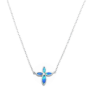 Cross Pendant 18" Necklace Lab Created Blue Opal 925 Sterling Silver - Blue Apple Jewelry