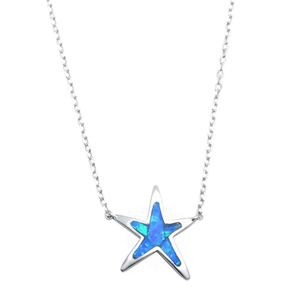 Starfish Pendant 18" Necklace Lab Created Blue Opal 925 Sterling Silver - Blue Apple Jewelry