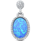 Halo Oval Pendant Lab Created Blue Opal 925 Sterling Silver Round Cubic Zirconia Accent Choose Color - Blue Apple Jewelry