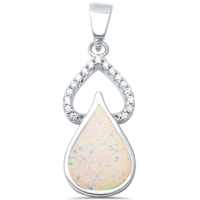 Pear Shape Teardrop Pendant Round Cubic Zirconia Created Opal 925 Sterling Silver