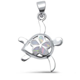 Turtle Plumeria Pendant 925 Sterling Silver Lab Created Opal